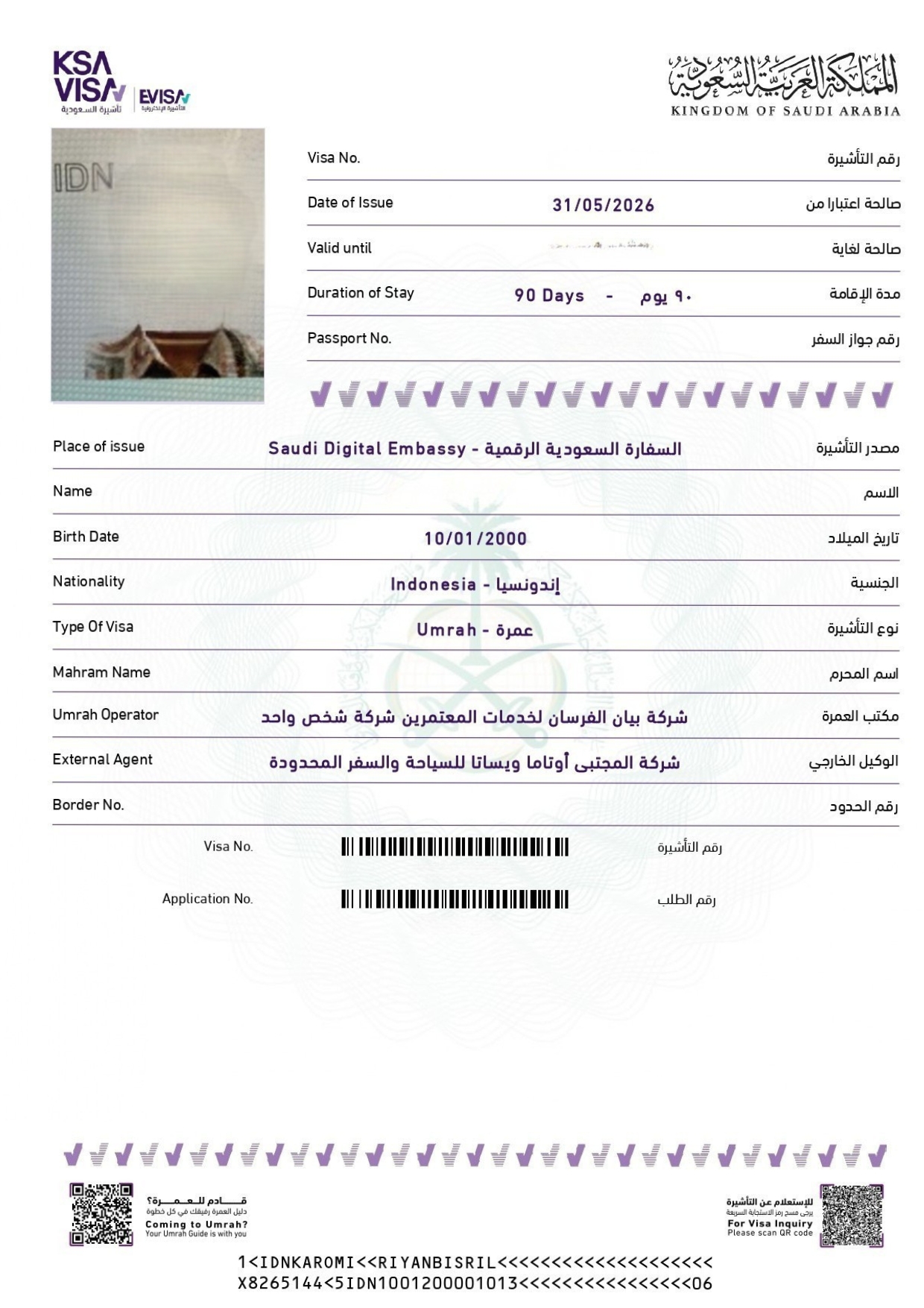 Contoh e-visa umroh asli jemaah kami, terbit melalui sistem resmi KSA Visa / Nusuk